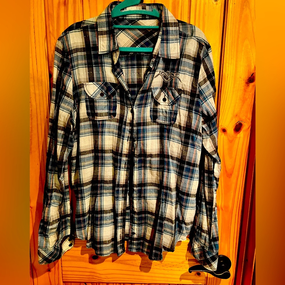 Maurice’s button up teal & white plaid top with silver shimmer streaks large